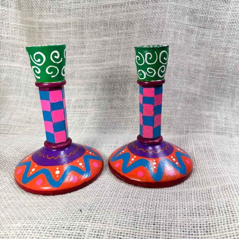 Hand Painted Wooden Candlesticks Set Colorful Folk Art Mackenzie‎ Style